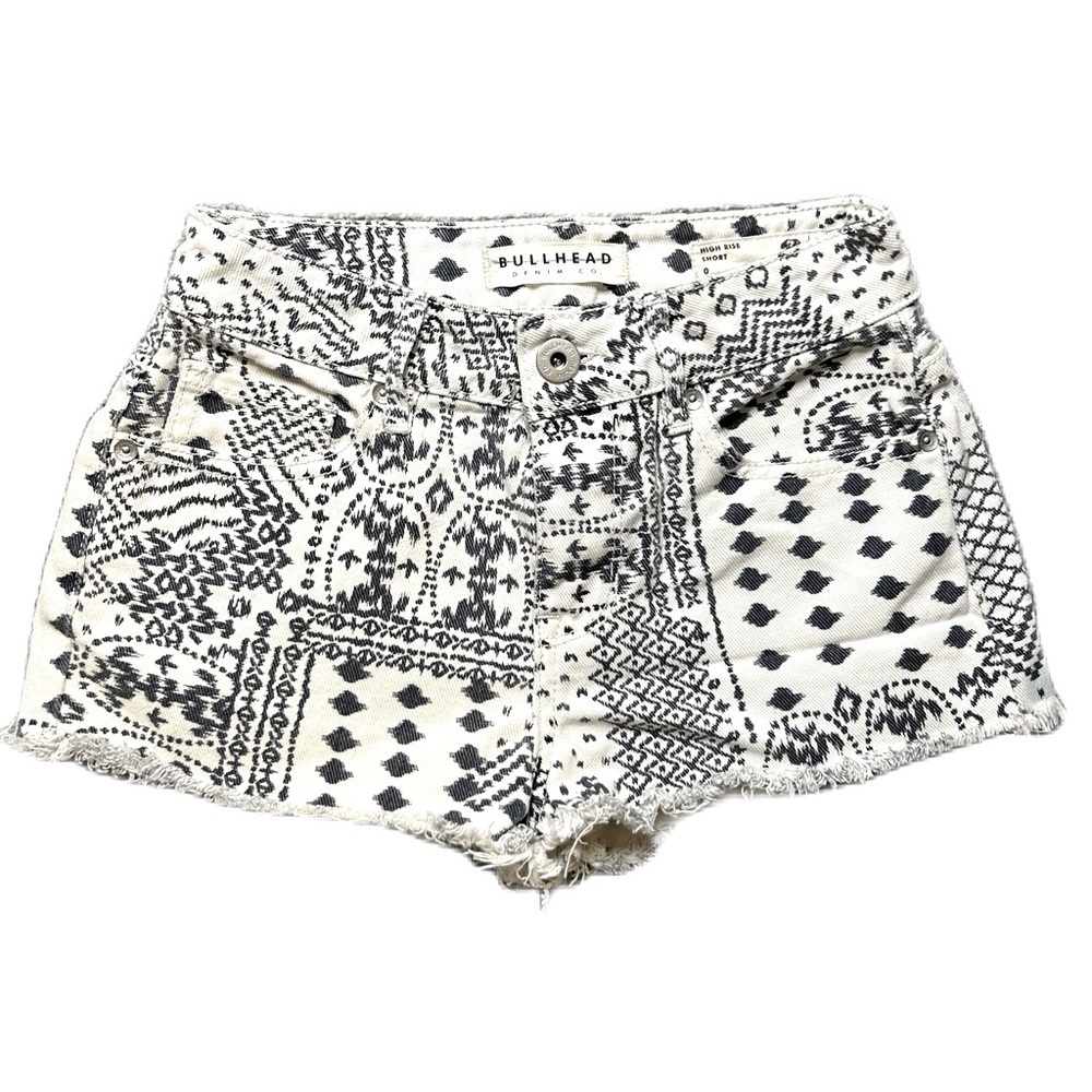 Bullhead high-rise denim shorts. White with black Aztec-like design. Siz…
